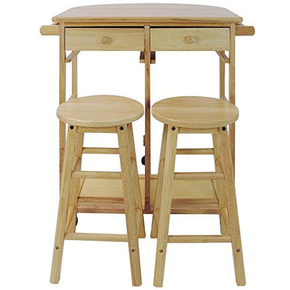 Casual Home Drop Leaf Breakfast Cart with 2 Stools-Natural - color: Natural