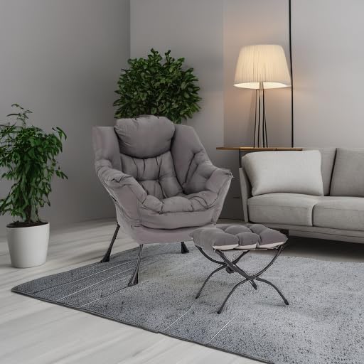 Lazy Chair with Ottoman, Comfy Accent Reading Chair, Dark Grey | Foldable Footrest,Removable Cover,with Armrests and Side Pockets,Upholstered Lounge Chair for Bedroom,Dorm,Office,Small Space - color: Dark Grey