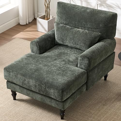 Chaise Lounge Chair Indoor Bedroom, Comfy Lounge Chair with Wide Armrest & Backrest for Small Space, Thick Cushion, High-Density Foam, Waist Pillow, Chenille (Green) - color: Green