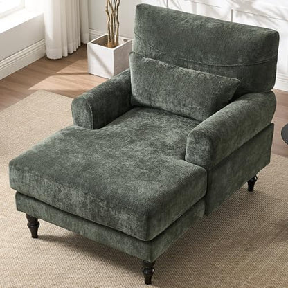 Chaise Lounge Chair Indoor Bedroom, Comfy Lounge Chair with Wide Armrest & Backrest for Small Space, Thick Cushion, High-Density Foam, Waist Pillow, Chenille (Green) - color: Green