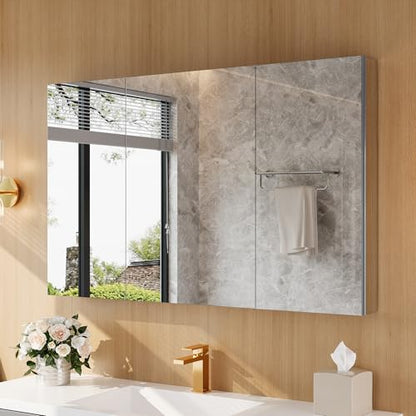 48" x 30" Bathroom Medicine Cabinet with Mirror, Recessed or Wall Mount | Medicine Cabinets with Adjustable Glass Shelves, Soft-Closed Hinge, Chrome Aluminum Frame, Reverse Installation - size: 48" x 30"