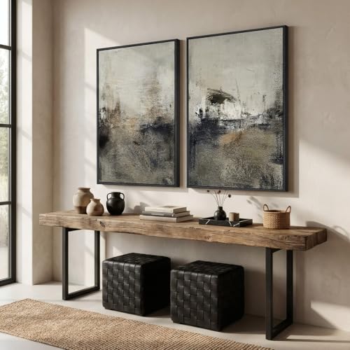 Large Framed Neutral Abstract Wall Art Set of 2 for Living Room, Wabi Sabi Modern Minimalist Black Grey Canvas Artwork for Walls, Rustic Abstract Painting Print Wall Decor for Bedroom Office, 24x36 In - color: Grey Neutral Black, size: 24" W x 36" H x 2Pc