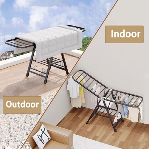 Large Clothes Drying Rack Foldable, 3-Level Metal Laundry Dryer Stand | Lightweight，Easy to Use＆Fold，Sturdy, Height-Adjustable, Movable, Complete with Heavy Items，Space Saving Clothes Dryer