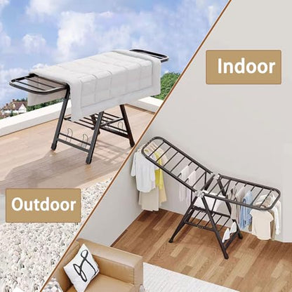 Large Clothes Drying Rack Foldable, 3-Level Metal Laundry Dryer Stand | Lightweight，Easy to Use＆Fold，Sturdy, Height-Adjustable, Movable, Complete with Heavy Items，Space Saving Clothes Dryer