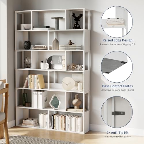 Garvee 6-Tier Bookshelf, Tall Geometric Bookcase, Modern Room Divider & Display Shelf with Anti-Tipping Devices, Mid Century Bookshelf for Living Room - color: White, style: 6-tier