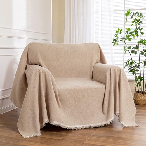 Sofa Covers Armchair Single Couch Cover for Dogs,Throw Couch Cover with Tassel Recliner Chair Recliner Cover Washable 1 Cushion Couch Chenille Couch Protector, 71"x 91", Khaki - color: Tassels Edge-khaki, size: 71"x 91"