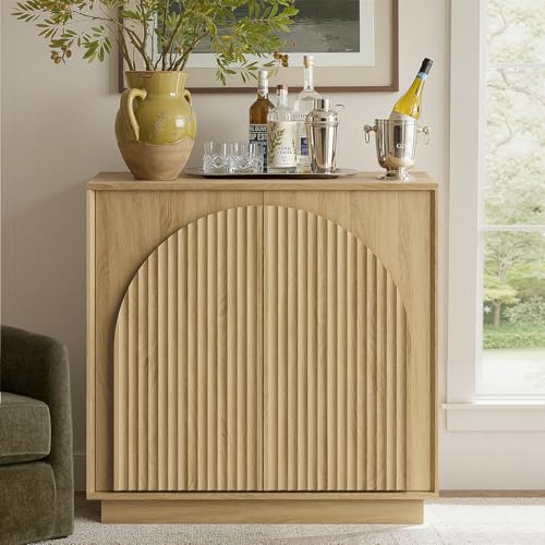 win2win 31.5" Small Buffet Cabinet with Storage, Arched Doors, Oak, 1PCS | Modern Console Cabinet for Dining Living Room Kitchen Entryway, Modular Accent Cabinet, Credenza with Wood Grain, Fluted - color: Oak
