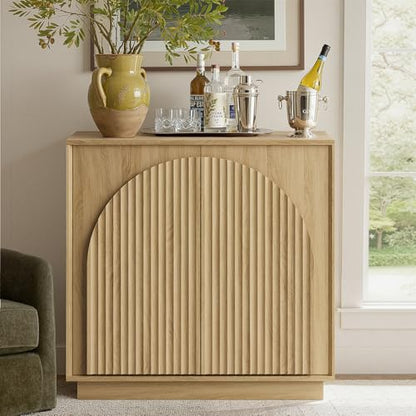 win2win 31.5" Small Buffet Cabinet with Storage, Arched Doors, Oak, 1PCS | Modern Console Cabinet for Dining Living Room Kitchen Entryway, Modular Accent Cabinet, Credenza with Wood Grain, Fluted - color: Oak