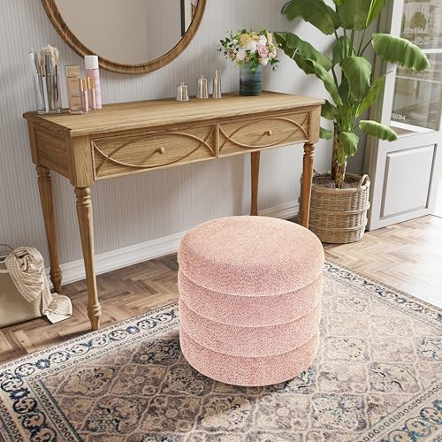 allamazing Storage Ottoman, Round Ottoman with Storage, Vanity Stool Foot Rest with Removable Lid, Round Boucle Upholstered for Living Room Pouf Footstool (Pink) - color: Pink