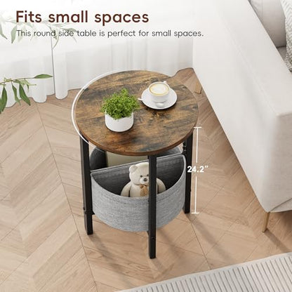 Small Round Side Table, Accent End Table with Storage Basket, Set of 2 Half Round Coffee Table End Table, Half Moon Bedside Table, Modern Nightstand Couch Table for Living Room Bedroom, Brown - color: Rustic Brown