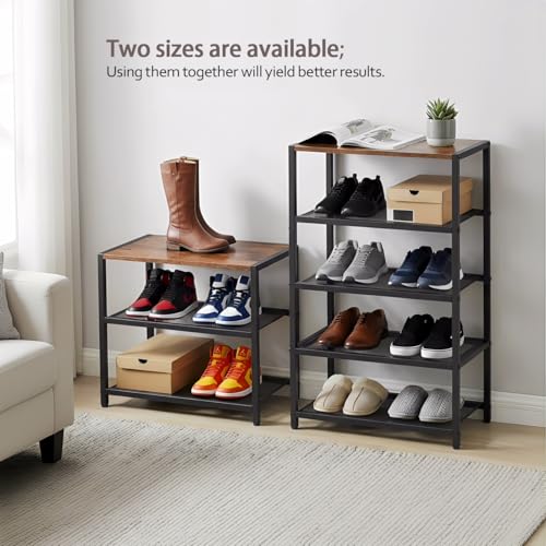 Tall Narrow Shoe Rack for Entryway Closet,5-Tier Shoe Storage Shelf | Small Vertical Shoe Organizer Wood, Sturdy Metal Mesh Shelves, Wooden Table Top, Holds 10 Pairs, for Front Door Entrance - size: 17"D x 10.24"W x 30.7"H