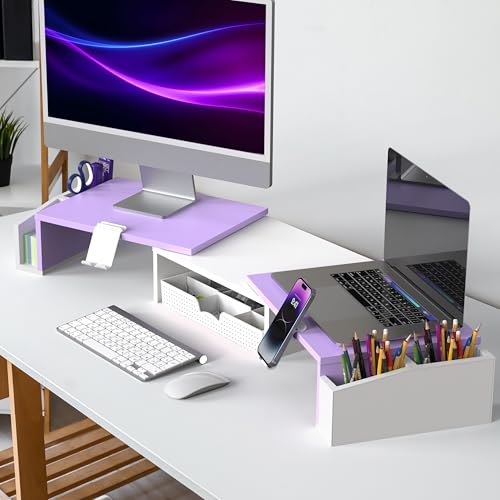 Simple Houseware Desk Dual Monitor Stand Riser with Drawer, Purple | Customizable Organizer Tray, Built-In Phone & Tablet Slot and Side Storage - color: Purple