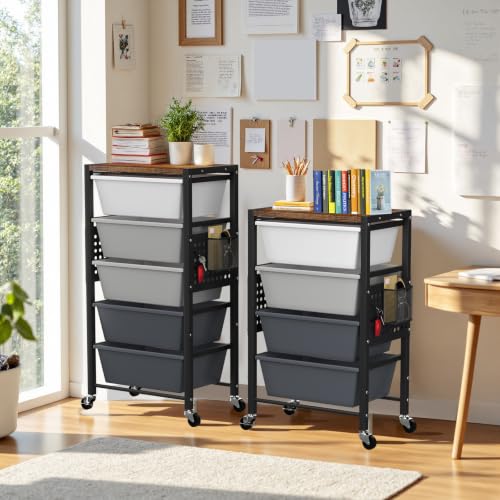 Rolling Cart with 5 Drawers, Plastic Drawer Storage Carts with Wheels & Wooden Tabletop, Metal Utility Cart with Pegboards, Office Living Room Classroom Craft Organization and Storage, Dark Grey - color: Dark Grey, size: 5-drawer