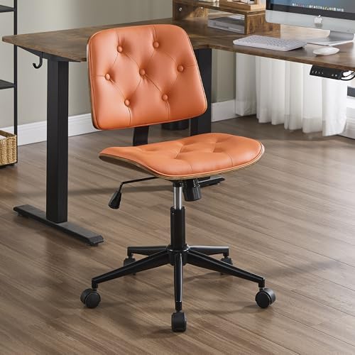 VipDesk Small Home Office Chair - Armless Mid Back Desk Chair with 360° Swivel and Wheels, PU Upholstered Height Adjustable Modern Walnut Computer Chair for Home, Office Meeting Room - Orange - color: Orange, size: Button Style