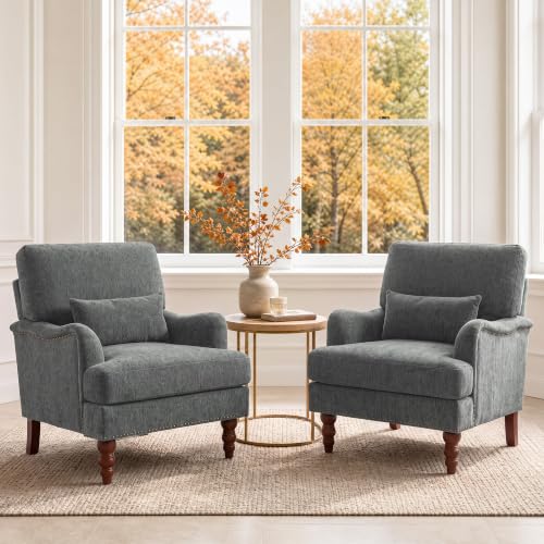 Mid-Century Modern Accent Chair with Lumbar Pillow, Grey, 2 Pack | Upholstered Chenille Armchair, Solid Wood Frame & Legs, Comfy Reading Lounge Sofa for Living Room Bedroom, & Small Spaces - color: Chenille Grey, size: 2 Seat