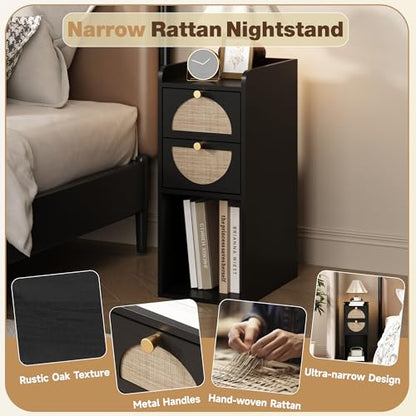 Narrow Nightstand Set of 2 (Rattan & Wood) - Small Bedside Table with 2 Drawers, Open Shelf, Mid Century Modern End Table - for Bedroom, Living Room & Small Spaces, Black - color: Black, size: 9.9"W (2 Pc)
