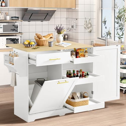 48" Kitchen Island with Trash Can Storage & Drop Leaf on Wheels | Rolling Kitchen Island Table Cart Cabinet with Drawer, Mobile Kitchen Cabinet on Wheels w/Spice Rack, Towel Bar, Hooks - color: White, size: 48"