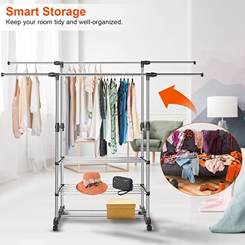 Double Rods Clothes Rack, Stainless Steel Extendable Clothing Garment Hanging Rack Shoe Display Organizer with Rolling Wheels Hold up to 77LBS - size: 59.1"D x 16.1"W x 57.1"H