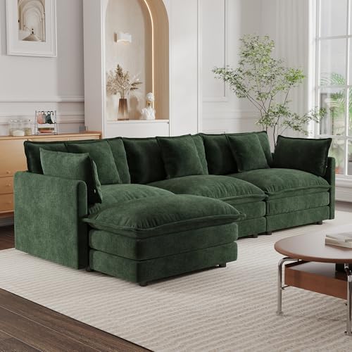 Modular Sectional Sofa, 111.5 Inch L Shaped Couch Set for Living Room, 3-Seater Comfy Cloud Couches with Movable Ottoman, DIY Combination, Chenille, Evergreen - color: Evergreen, size: 111.5 Inch- L