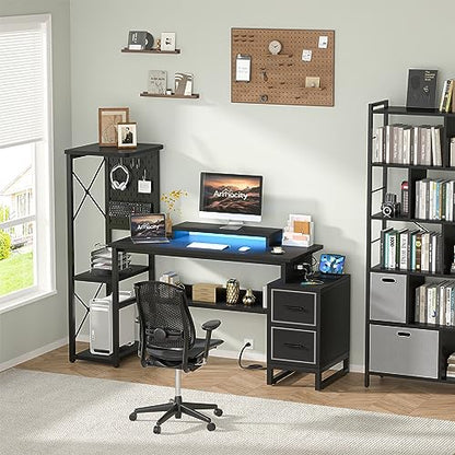 Computer Desk with 2 Fabric Drawers - Reversible Home Office Desk with Power Outlet & LED Lights, 53" Writing Desk with Monitor Stand & Storage Shelves, Gaming Desk Study Table with Pegboard, Black - color: Black
