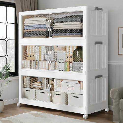 45Gal/180QT 3-Tiers Extra Large Stackable Storage Bins with Lid, Collapsible Cabinet Closet Organizer Plastic Container Box with Wheels Doors Drawers for Office Dorm Kitchen, White - color: White, size: 15Gal-3Pack