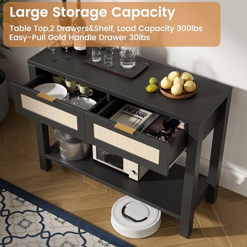 Boho Chic Console Table with 2 Rattan Drawers and Open Shelf Storage, Narrow Farmhouse Sofa Table for Small Space Entryway, Living Room,Hallway, Black - color: Black