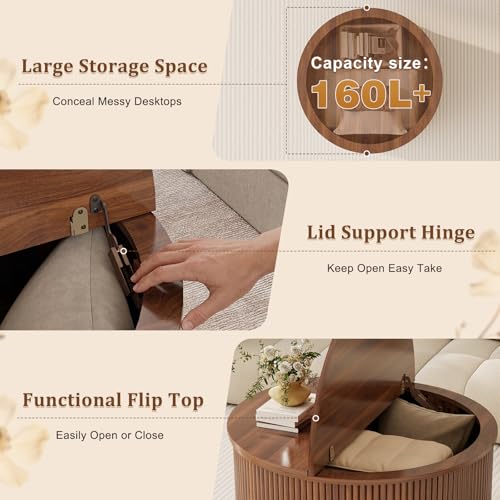 LYNCOHOME 31.5'' Fluted Flip Top Round Coffee Table with Storage, Circle Coffee Table, Modern Coffee Table for Living Room, Center Table for Living Room, Home Office, Dark Brown, Walnut