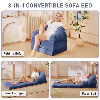 wanan Folding Sofa Bed, 3-in-1 Convertible Boneless Couch with Handle, Floor Lounger & Sleeper Chair for Adults, Comfy Folding Couch Single Sofa for Living Room Bedroom, Slate Blue - color: Slate Blue