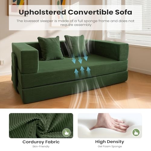 5-in-1 Futon Sofa Bed Queen Floor Convertible Couch Foldable Lounge Green | Multi-Position Convertible Lounge Couch for Guest Room & Apartment, Removable Washable Cover, Space Saving - color: Green