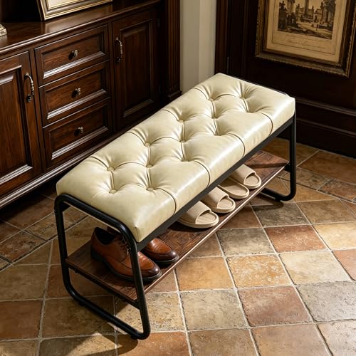 Forteek 32'' Tufted Shoe Bench, Entryway Bench with Shoe Storage Shelf | Upholstered Faux Leather Padded Seat & Metal Frame, Industrial Shoe Rack Bench for Hallway, Bedroom, Foyer(Khaki) - color: Vintage Khaki