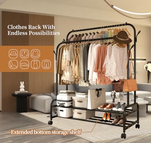 Antiwar Sturdy Metal Double Rodding Clothes Rack With Wheels, Portable Clothing Rack With Shelves & Hooks, Heavy Duty Garment Racks for Hanging Clothes, Multi-Functional Closet Rack for Bedroom, Black - color: LIght Black