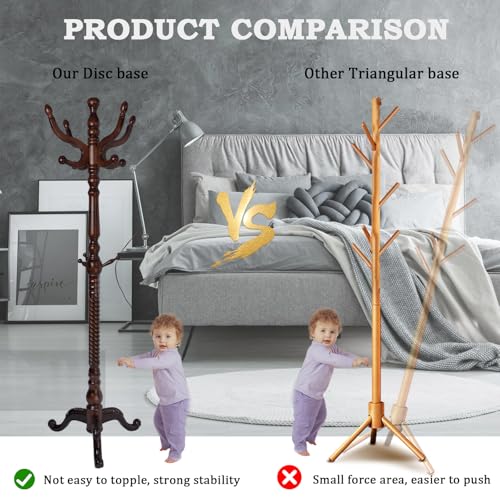 Coat Racks FreeStanding with 11 Hooks, Natural Wood Coat Rack with Tri-Legged Base, Adjustable Height Coat Racks, Easy Assembly for Hallway, Bedroom and Office (Walnut-Tri-Legged Base) - color: Walnut-Tri-Legged Base