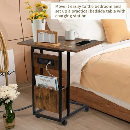 Hadulcet C Tables End Table Set of 2, C Shaped Side Table with Charging Station, Folding Table TV Trays for Eating, Couch Tables that Slide Under, Small End Table Snack Tables, Rustic Brown