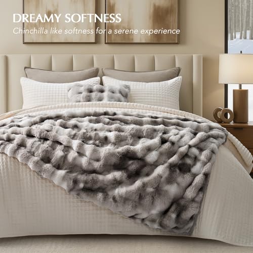 Faux Rabbit Fur Bubble Throw Blanket, 50"x60", Light Grey | Ultra Soft, Luxury Faux Rabbit Fur Throw, Thick Warm Bubble Blanket, Cozy Fluffy Reversible, for Bed, Couch, Chair, Sofa - color: Marble Grey, size: 50"x60"