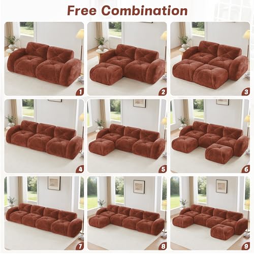111" Velvet Modular Sofa Cama para Cuarto, Small Couches for Living Room with High Density Sponge, Cloud Loveseat with Tufted Design for Home Theater Study Space, Red+Brown - color: Red+brown