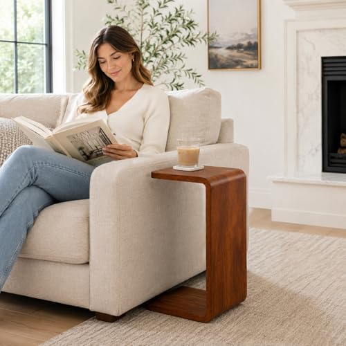 C Shaped End Table for Couch – Wood Sofa Side Table with Slide-Under Base | Space Saving Narrow Snack Table for Living Room, Bedroom & Small Spaces, Walnut - color: Walnut