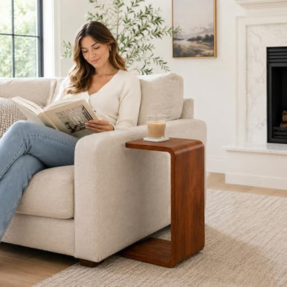 C Shaped End Table for Couch – Wood Sofa Side Table with Slide-Under Base | Space Saving Narrow Snack Table for Living Room, Bedroom & Small Spaces, Walnut - color: Walnut
