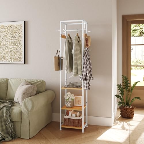 ELYKEN Coat Rack Freestanding, Hall Tree with 3 Shelves and 12 Hooks | Industrial Metal Frame, Space-Saving Design, Clothes Rack Stand Organizer for Bedroom, Hallway, Entryway, Office, Living Room - color: Natural