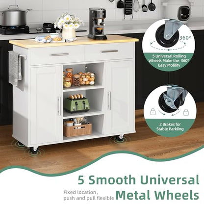 Shintenchi Kitchen Island with Storage, Kitchen Island Cart on Wheels with 3 Open Shelves, 2 Drawers and 2 Cabinets, Rolling Kitchen Table with Large Countertop, White - color: Green and White-26 Inch