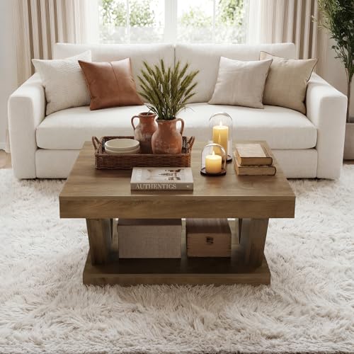 LITTLE TREE Coffee Table, Farmhouse Coffee Table with Large Storage Shelf, 2-Tier Rustic Wood Modern Center Table for Living Room, Home Office, Rustic Brown - color: Rustic Brown