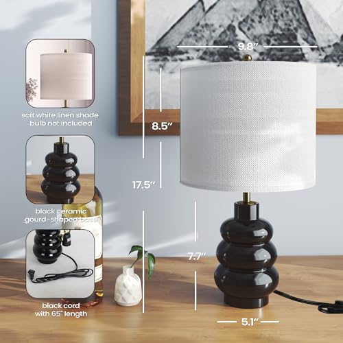 17.5" Black Ceramic Gourd Table Lamps Set of 2, Touch Control Farmhouse Lamps for Nightstand Living Room, Small Rustic Bedside Lamp for Bedroom Desk End Table Office with Linen Shades