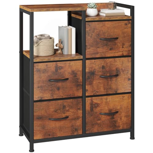 OLIXIS Fabric Dresser, 5 Drawer Rustic Brown Storage Tower with Open Shelf | Fabric Storage Dresser Features 5 Drawers, Open Shelf and Side Cabinet, Organizer for Bedroom, Closet, Hallway & Entryway - color: Brown
