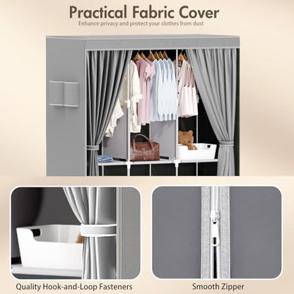 Portable Closet, Storage Organizer Wardrobe, Non-Woven Fabric Cover | 3 Hanging Rods, 6 Storage Shelves and Side Pockets, Free Standing Clothes Rack with Non-Woven Fabric Cover, Grey