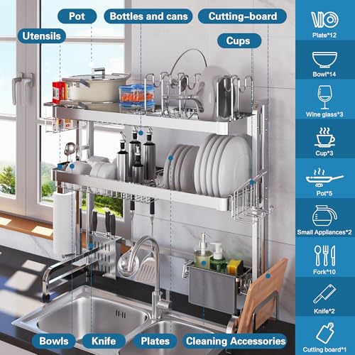 LIVOD Over The Sink Dish Drying Rack,3 Tier Adjustable Length Full Stainless Steel Large Storage Kitchen Dish Rack,for Kitchen Counter Expandable Multifunctional Organizers,Silver (25.98-37.6") - color: Silver, size: 3 Tier Style A