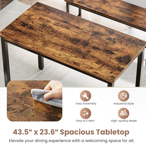 Dining Table Set for 4, Kitchen Table with 2 Benchs, Brown | Modern Functional 3 Piece Space-Saving Dining Room Table Set for Apartment, Breakfast Nook, Small Space - color: Brown