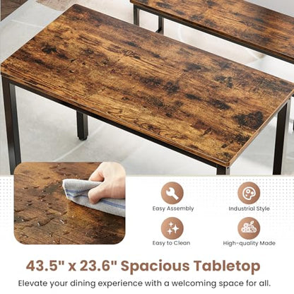 Dining Table Set for 4, Kitchen Table with 2 Benchs, Brown | Modern Functional 3 Piece Space-Saving Dining Room Table Set for Apartment, Breakfast Nook, Small Space - color: Brown