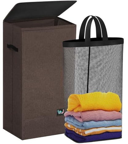 WTREE Laundry Hamper with Lid, Reinforced Sturdy Clothes Hamper with Anti-Puncture Base, Large Collapsible Laundry Basket with Removable Liner Bag, Tall Dirty Clothes Bin for Family, 100L Chocolate - color: Chocolate