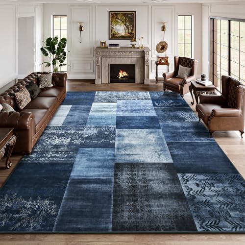 Washable Area Rugs 5x7 for Living Room, Modern Geometric Navy Blue Soft Patchwork Carpet, Non-Slip Stain Resistant Throw Rug for Bedroom Dining Room Office Home Decor - color: Navy Blue, size: 5 Ft X 7 Ft