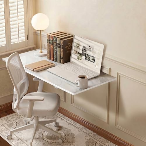 GOYLSER Wall Mounted Desk Folding Table Laundry Fold Table, White Marble Fold Down Work Bench, Foldable Mount Station for Floating Bar, Office, Dining Room, Kitchen, 35" x 20.5" - color: White Marble, size: 35"x20.5"