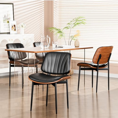 YaFiti Mid Century Dining Chairs Set of 2 with Walnut Bentwood, Black | Ergonomic Walnut Backrest, Upholstered Waterproof PU Leather Seat, Stable Metal Legs, Adjustable Footpads, Apartment Friendly - color: Black Scallop